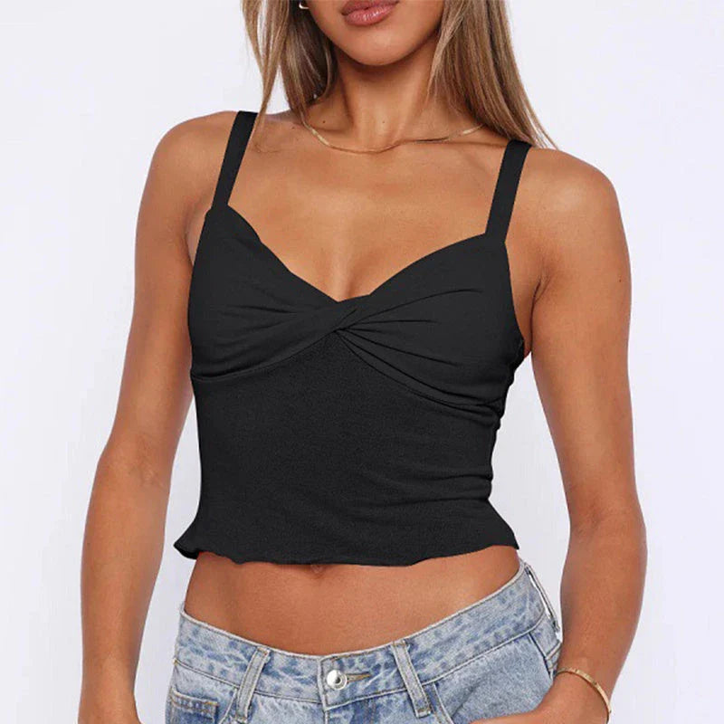 A versatile v-neck camisole top in a modern Y2K style, perfect for summer wear in the UK.