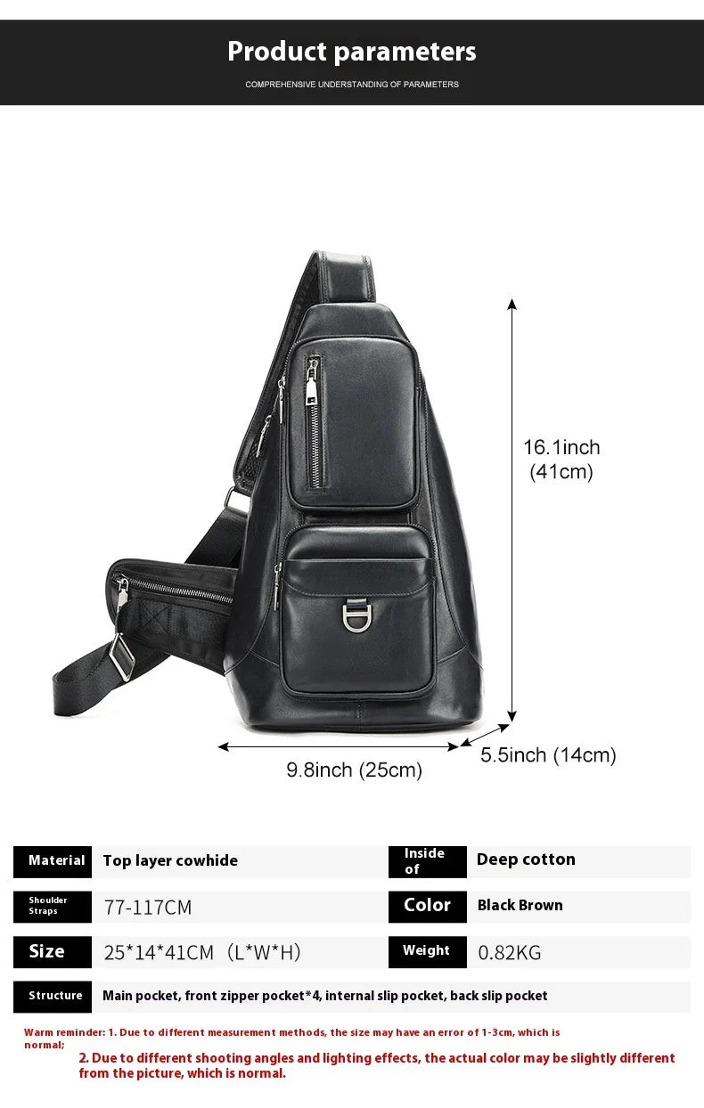 Premium cowhide messenger bag with brushed skeleton-skin design, large capacity, and adjustable shoulder strap
