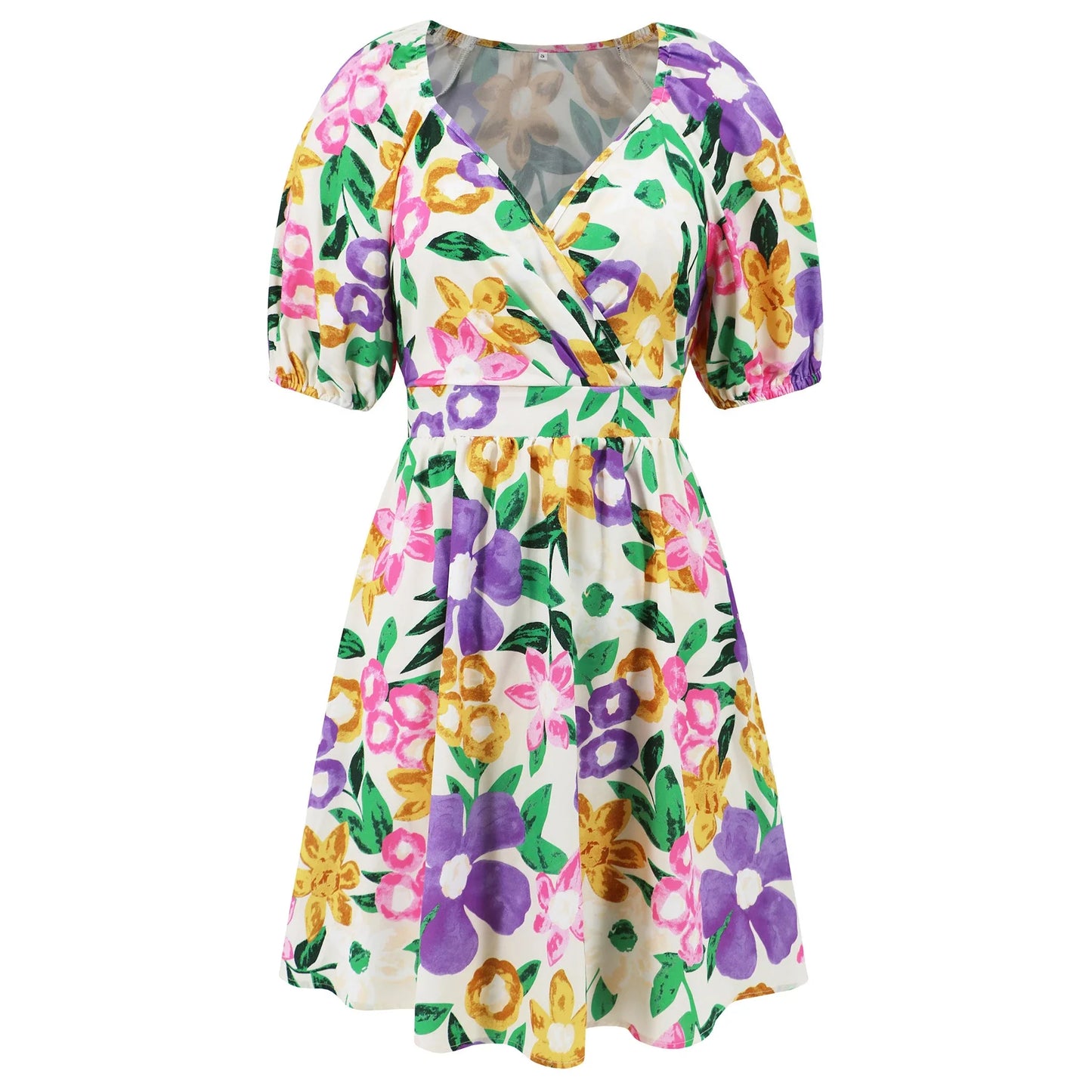 Stylish lantern-sleeve v-neck beach dress in vibrant summer colours, featuring a flattering fit and comfortable stretch fabric