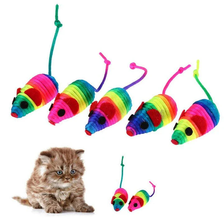 Colourful toy mouse set with 5 plush mice in various bright colours for cat playtime