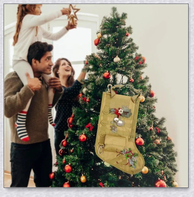Elite Tactical Christmas Stocking with vertical zipper, carry handle, and customisable storage pouch, perfect for outdoor and tactical gear enthusiasts in the UK