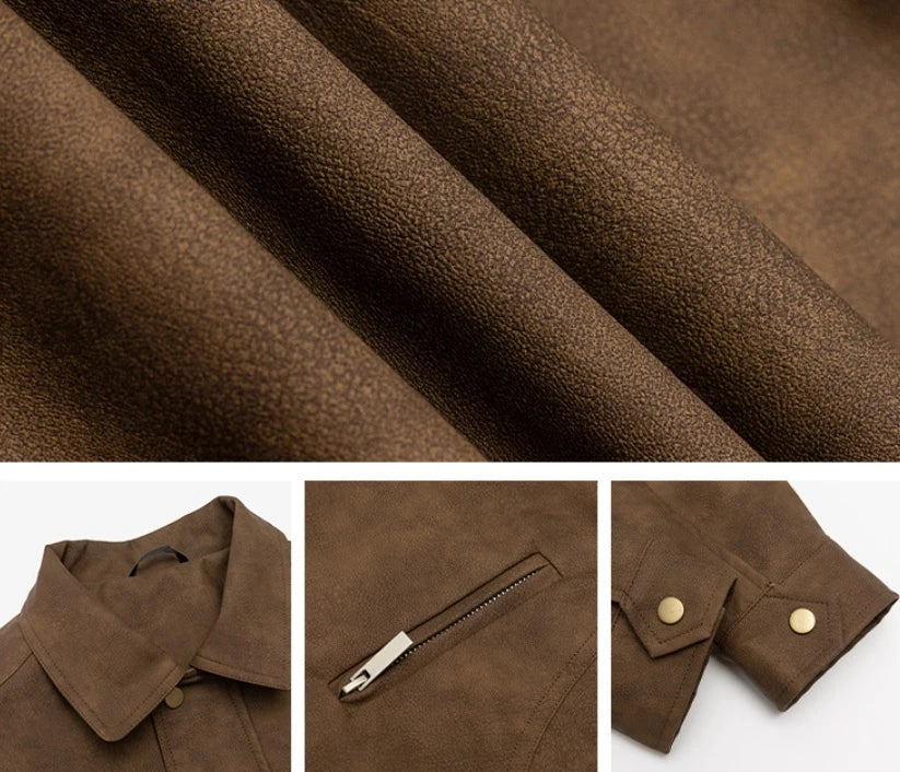 Premium vintage-inspired PU leather jacket in brown and grey colours, featuring a relaxed, tailored fit for the discerning British gentleman.