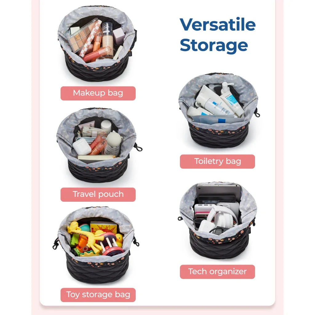 Premium waterproof drawstring cosmetic bag with elastic pockets for organised makeup storage and easy access