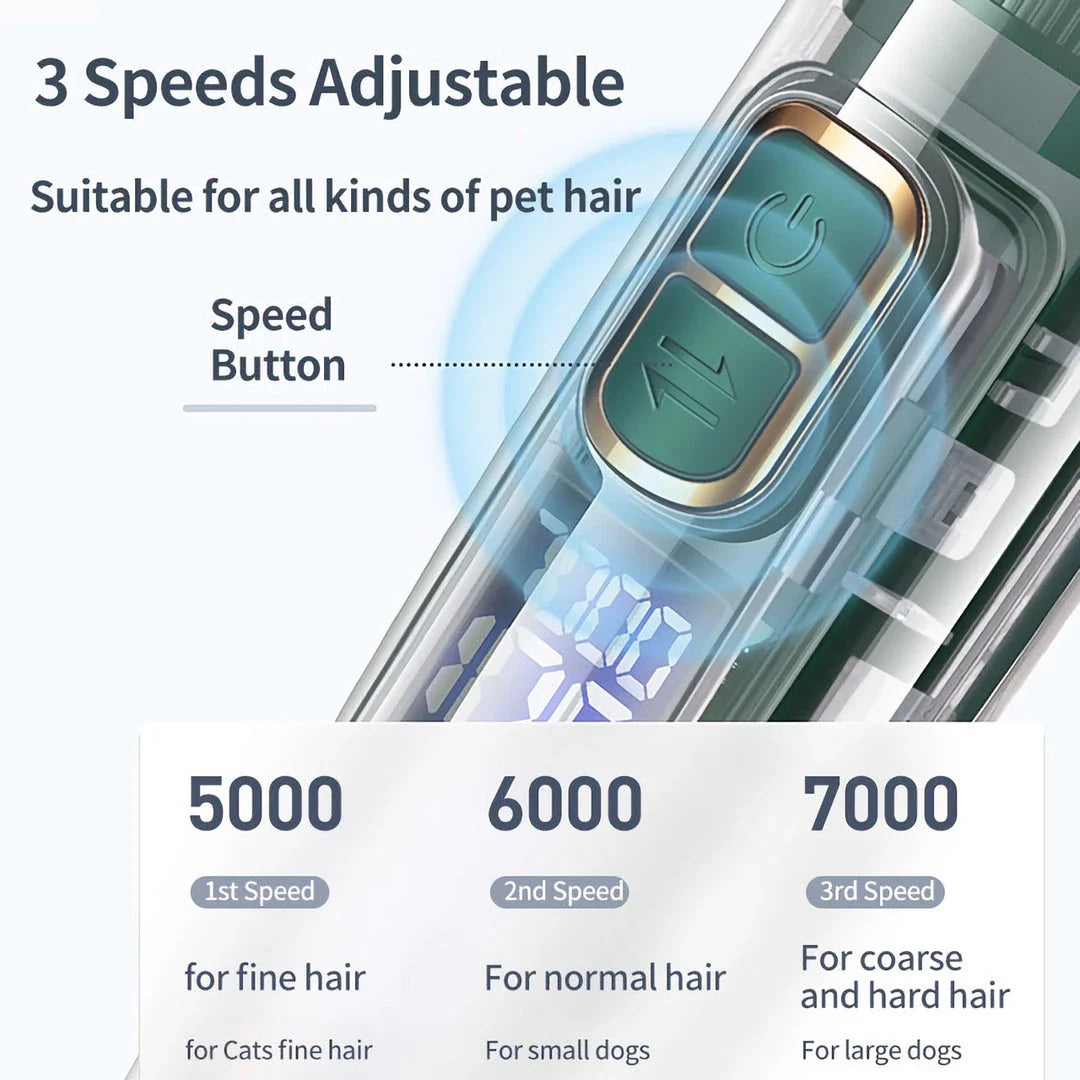 A professional pet hair trimmer with premium stainless steel blades and adjustable settings for customised grooming
