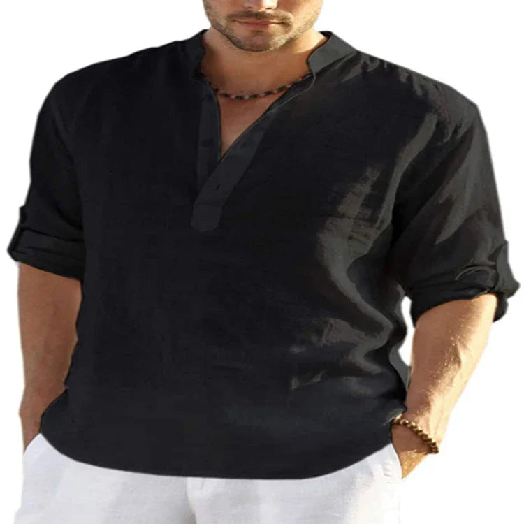 Men's casual long-sleeve cotton linen shirt with stand collar, available in a variety of colours