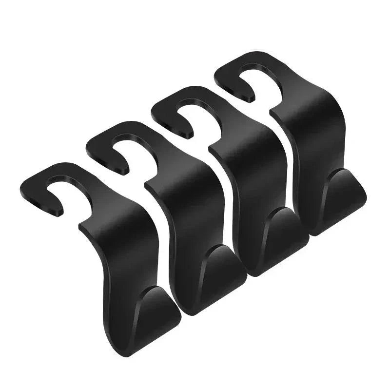Premium 4-pack car seat headrest hooks in black, designed to organise and declutter UK drivers' vehicles