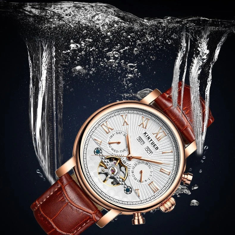 Automatic mechanical watch with genuine leather strap, featuring a stylish hollow-out dial design