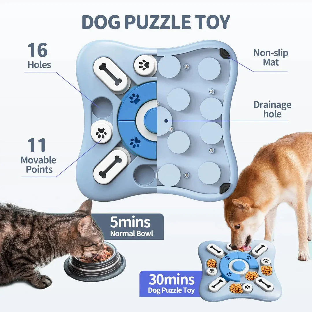 Interactive dog puzzle toy with treat dispenser and squeaky features for mental stimulation and enrichment