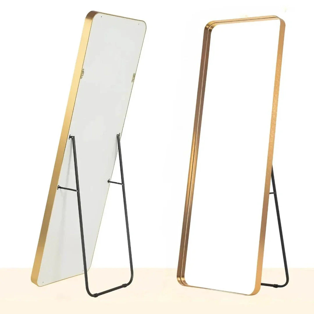 Elegant gold full-length mirror with a slender aluminum alloy frame, perfect for enhancing any living space.