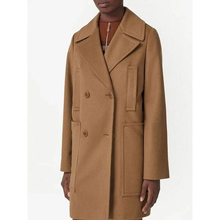A stylish mid-length double-breasted overcoat made from a warm, durable wool and polyester blend fabric