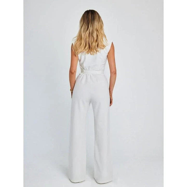 Elegant V-Neck Sleeveless Wide-Leg Jumpsuit in Khaki, a premium British fashion piece with a sophisticated design and versatile style.