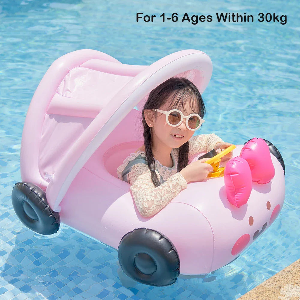 Inflatable car-style swimming seat ring with detachable sunshade for kids aged 1-6 years