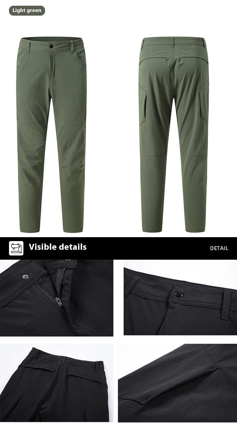 Weatherproof outdoor trousers for men in black, gray, and green colours with adjustable waistband and reinforced panels