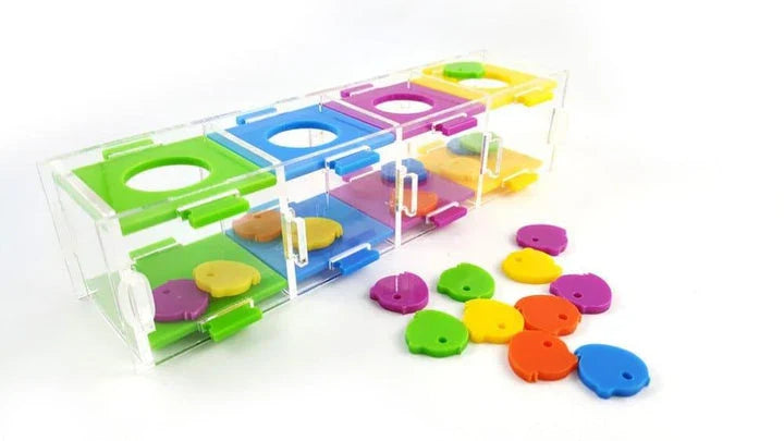 Colourful and engaging puzzle toy designed to stimulate a parrot's cognitive abilities and problem-solving skills