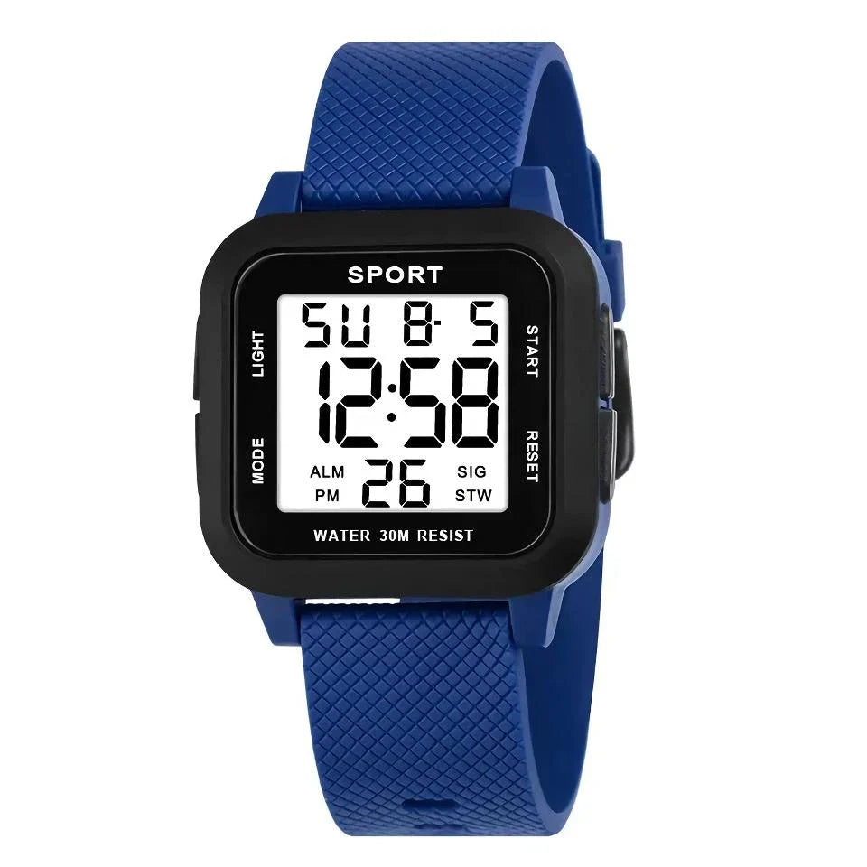 Rugged LED military sports watch with shock-resistant rubber case and tough TPU band, designed for adventurous men in the UK