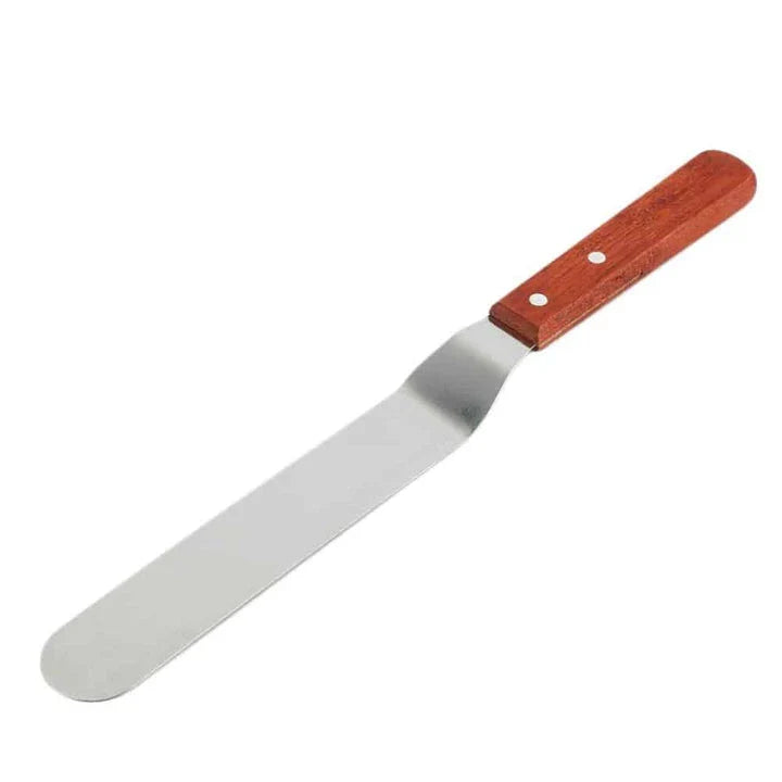 Stainless steel kitchen spatula with wooden handle, available in 15cm, 22cm, and 25cm lengths
