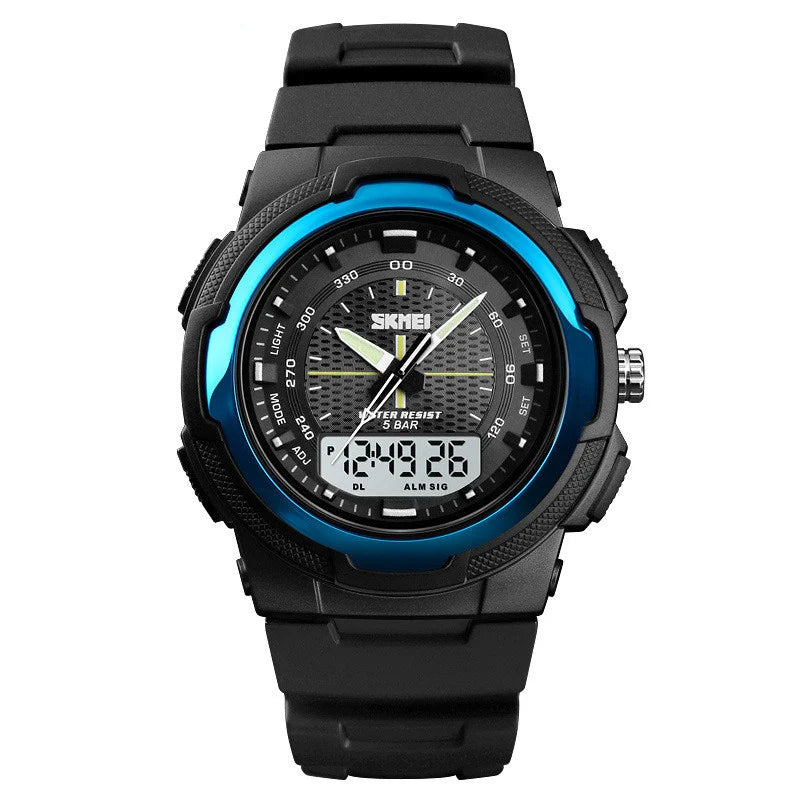 A stylish men's electronic watch with a dual display and a durable rubber strap