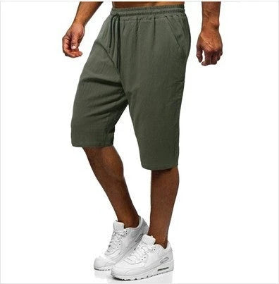 Men's casual linen-cotton cropped trousers in grey, green, and black colours with adjustable drawstring waist and straight-leg silhouette