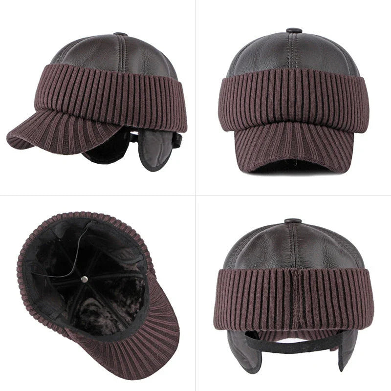Men's Winter Baseball Cap with Leather Earflaps in Brown Colour