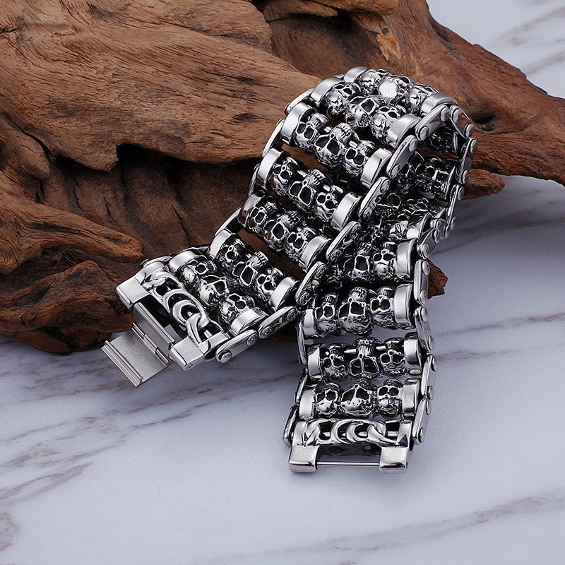 A premium titanium steel skull bracelet, designed for the style-conscious British gentleman with a rebellious spirit.