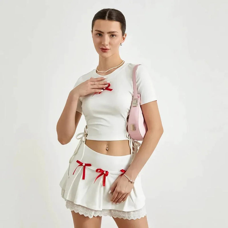 GiftHome UK Elegant Lace 2-Piece Summer Set: Stylish Bandage T-Shirt and Mini Skirt
