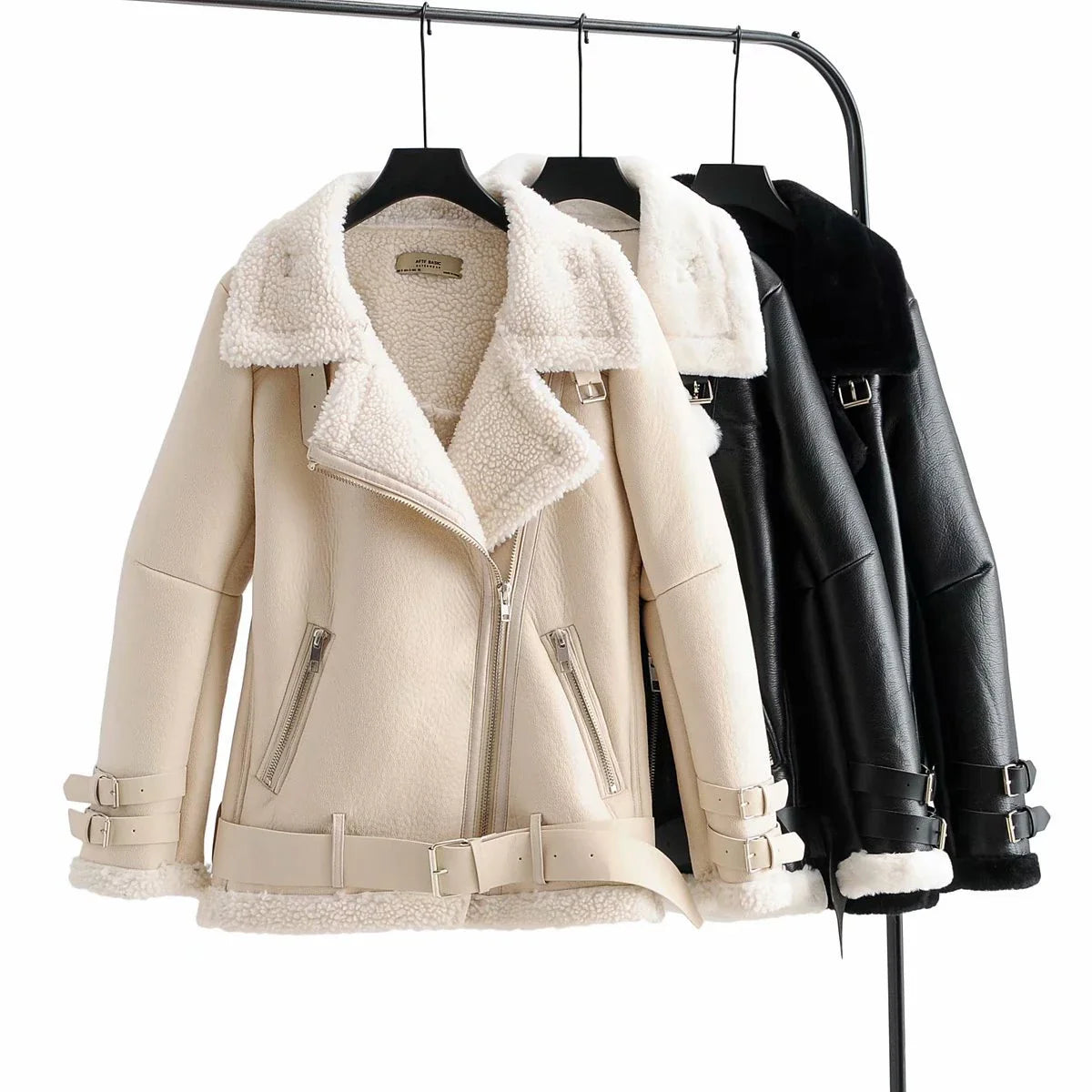 Warm faux leather jacket with plush faux fur lining, available in classic British colours for autumn and winter wear.