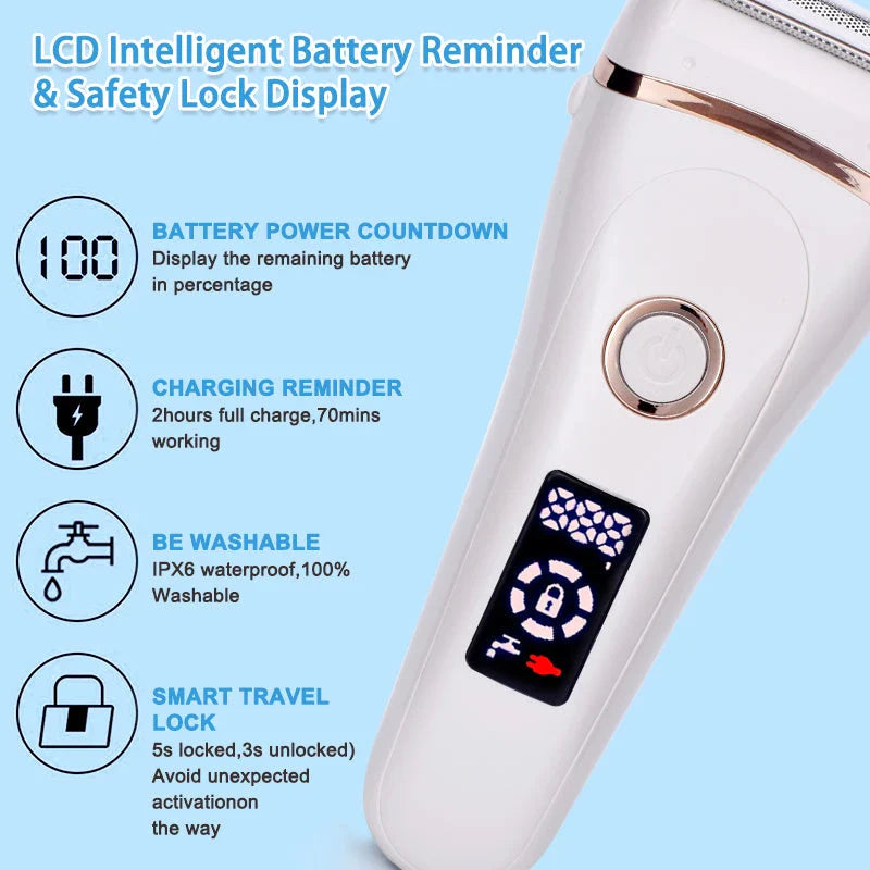 Precision Electric Lady Shaver with hypoallergenic stainless steel blades and floating foil technology for effortless, irritation-free hair removal