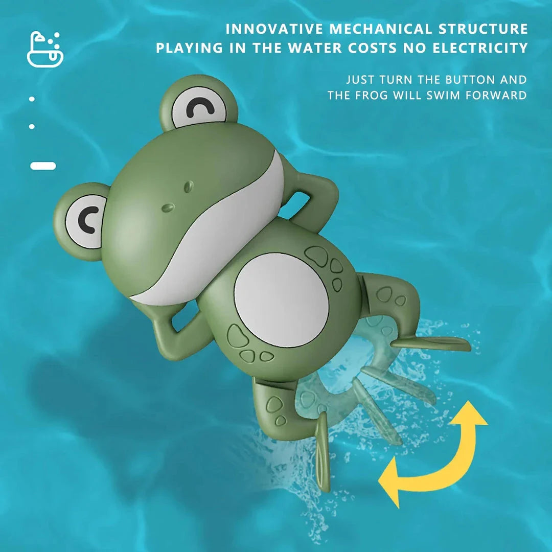 Adorable clockwork-powered frog bath toy with smooth edges for safe, fun playtime in the tub or pool