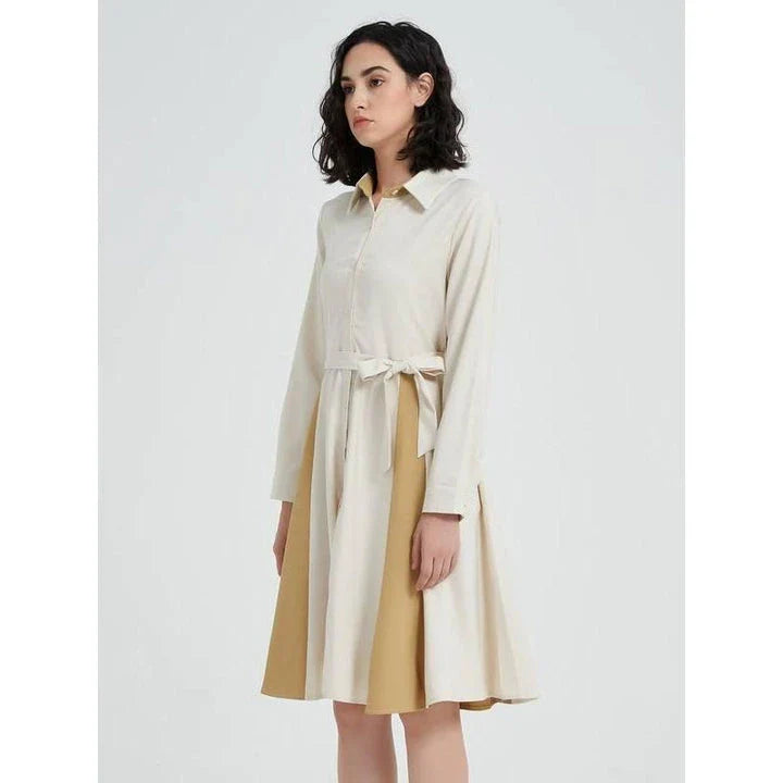 Elegant beige A-line dress with long sleeves, turn-down collar, and included belt for a flattering fit