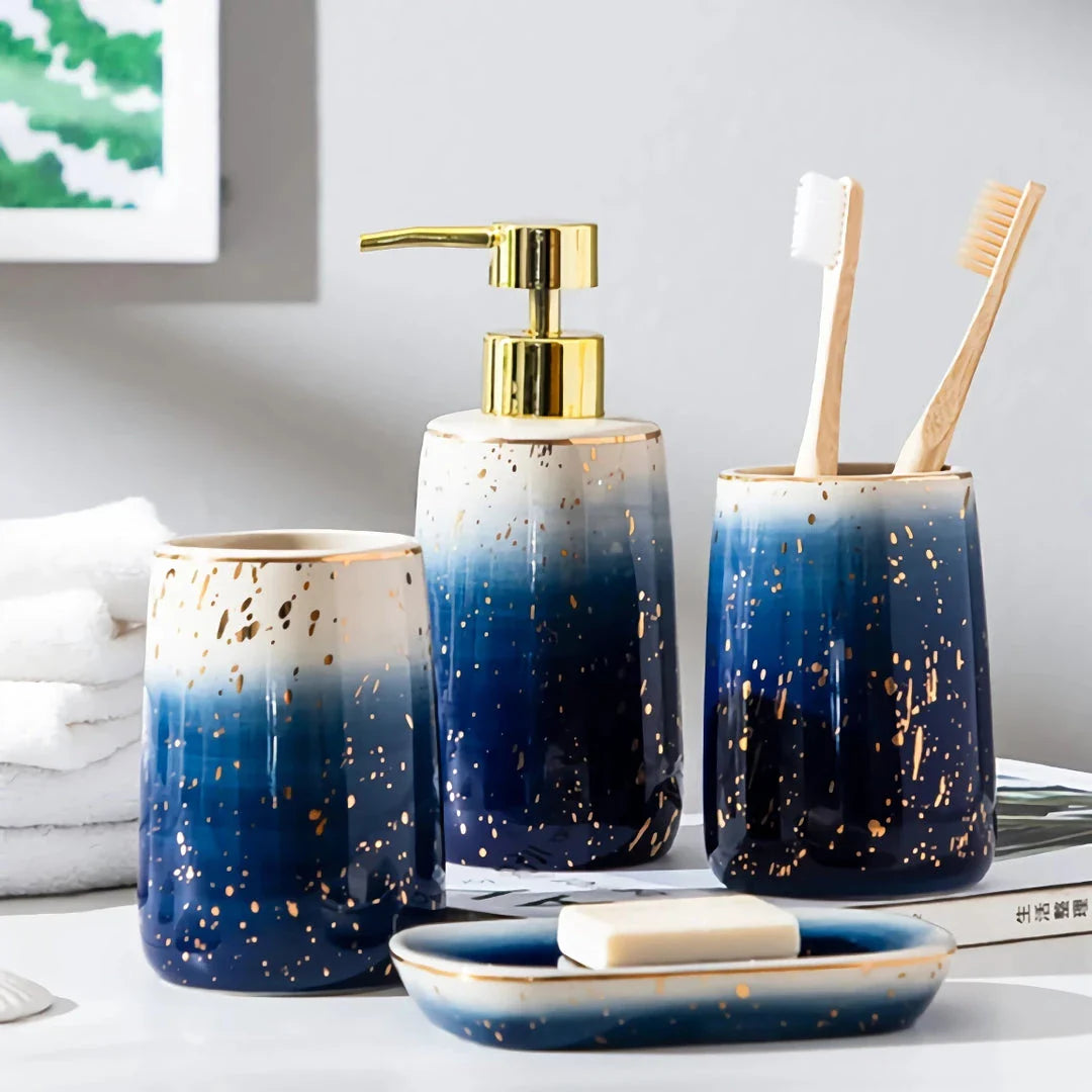Luxury Ceramic Bathroom Accessory Set with shampoo dispenser, toothbrush cup, soap box, and versatile container in a modern, minimalist design