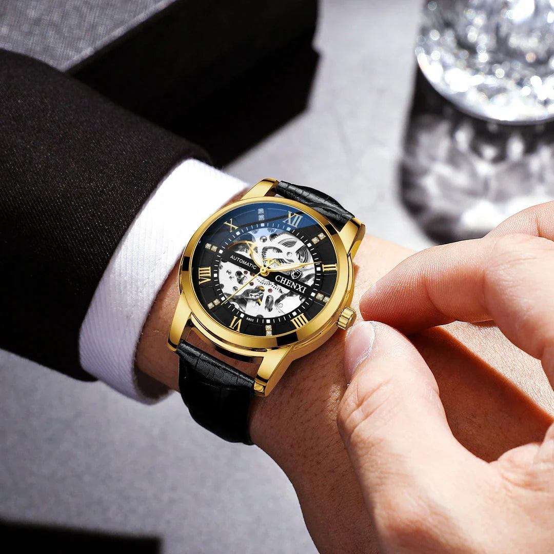 Premium automatic mechanical watch with a waterproof leather strap, featuring a sophisticated and versatile design.