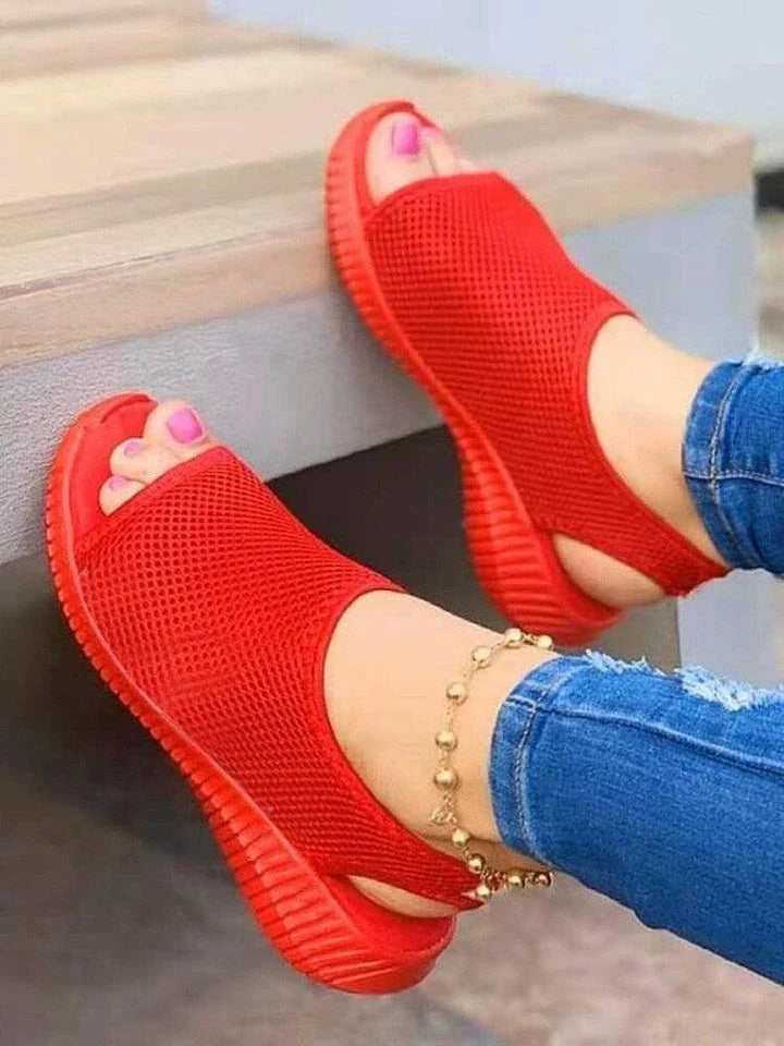 New Style Thick-Soled Breathable Mesh Sports Sandals in Red Colour with Elastic Band and Fish-Mouth Toe Design