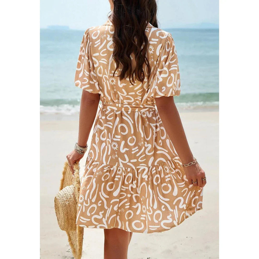 Elegant Geometric Print Mini Dress in Khaki with A-Line Silhouette and V-Neckline
