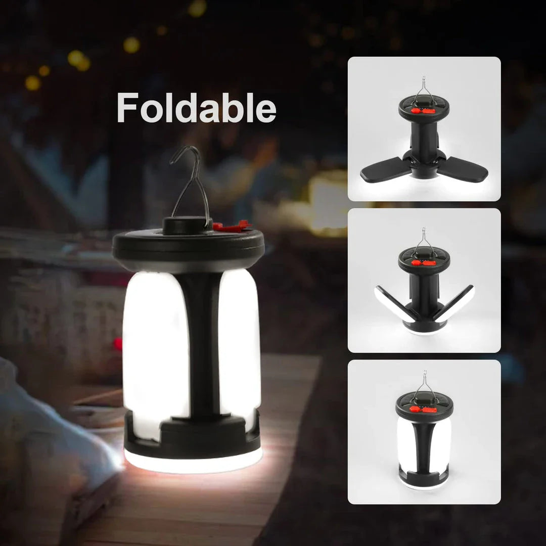 A 1000 lumen rechargeable solar LED camping lantern with a foldable design and versatile lighting modes