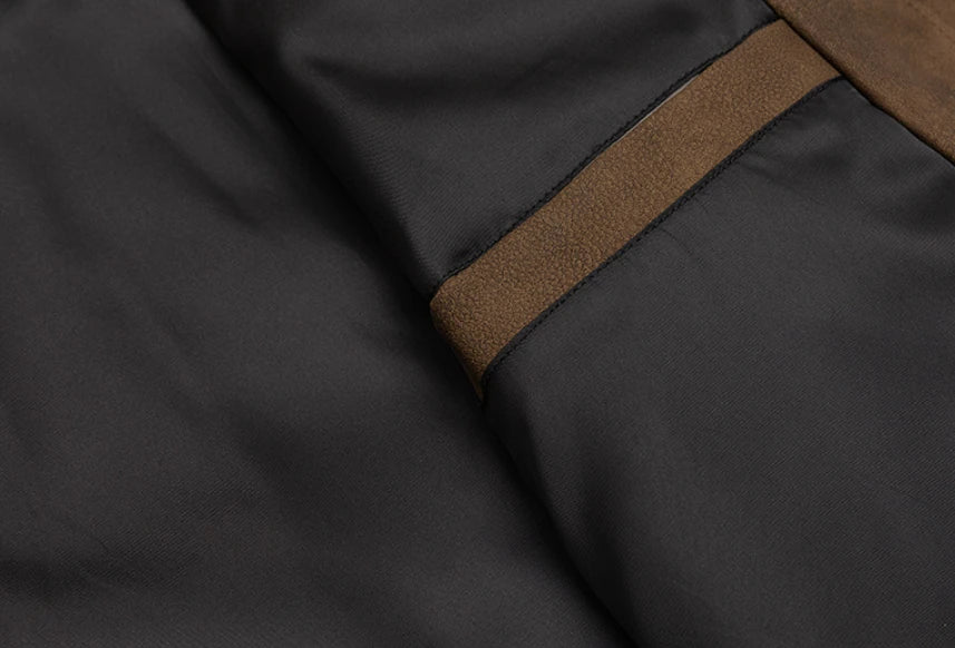 Premium vintage-inspired PU leather jacket in brown and grey colours, featuring a relaxed, tailored fit for the discerning British gentleman.