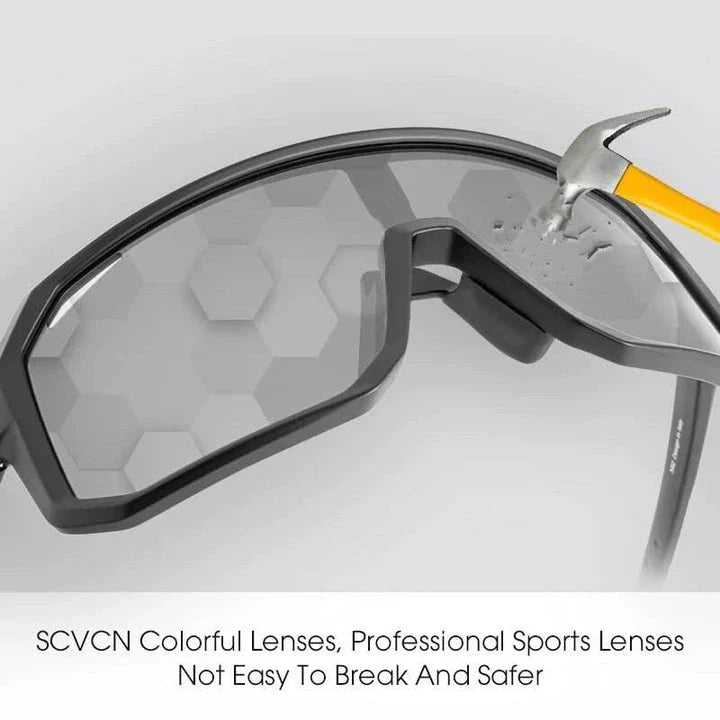 Pair of black photochromic cycling sunglasses with adjustable fit and UV400 protection