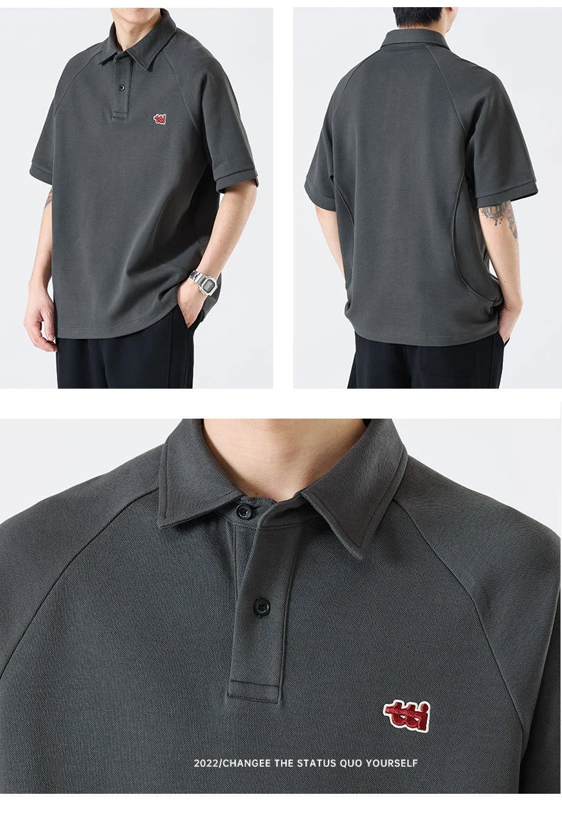 Retro Short Sleeve Men's T-shirt with Embroidered Design in Dark Brown, White, and Grey Colours