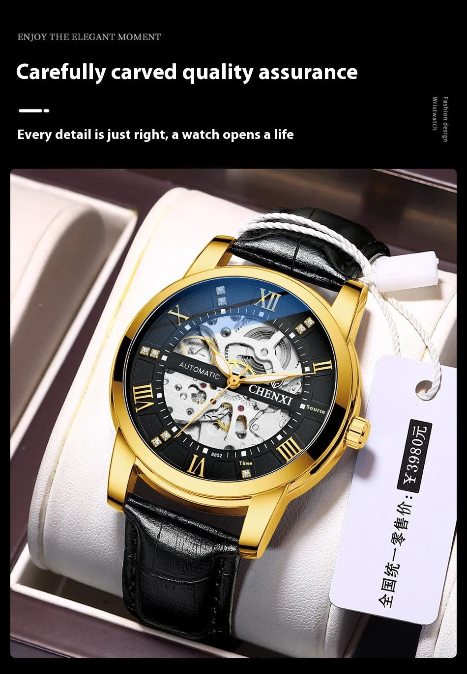 Premium automatic mechanical watch with a waterproof leather strap, featuring a sophisticated and versatile design.