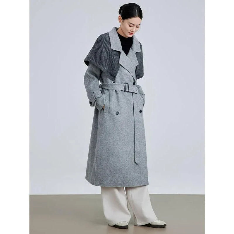 Stylish patchwork woollen blazer with belt in multiple sizes, perfect for spring wear
