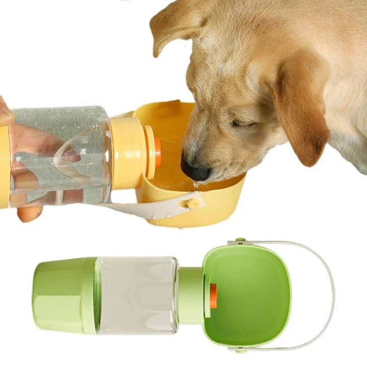 Portable pet water bottle and feeder with separate compartments for water and food, designed for easy hydration and feeding during outdoor adventures.