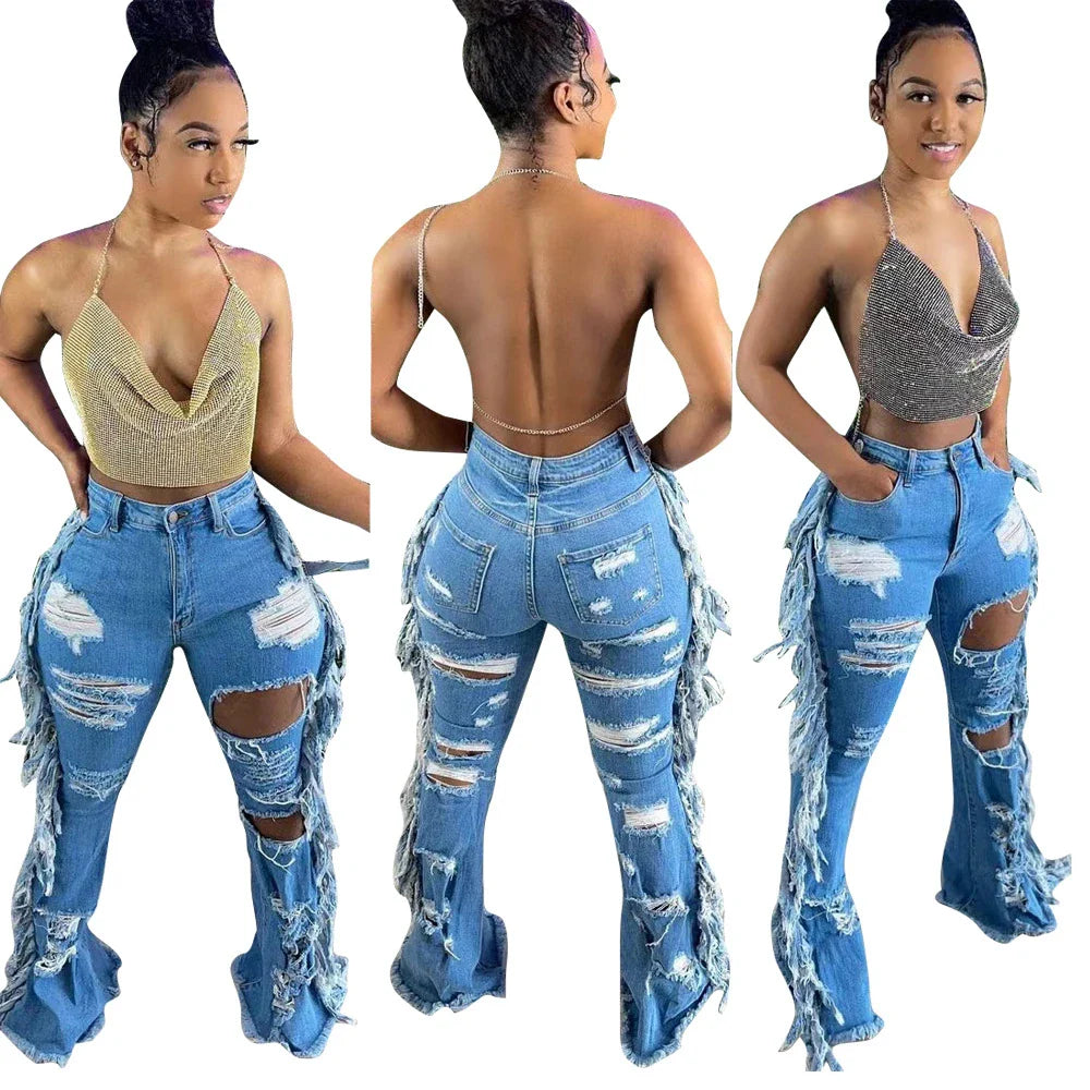 Stylishly distressed tassel jeans with light blue wash and straight-leg silhouette