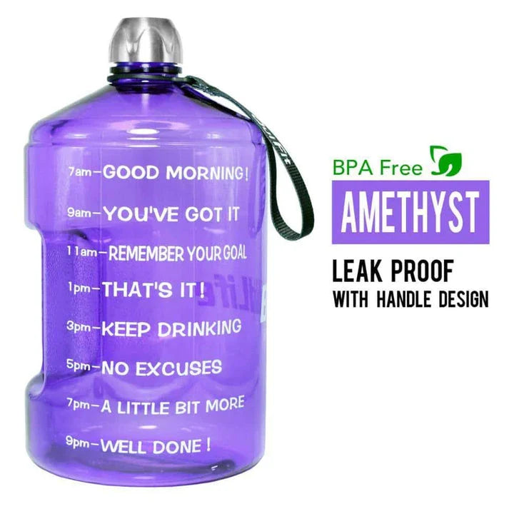 Premium customized gallon water bottle with time tracker markings, available in multiple vibrant colours