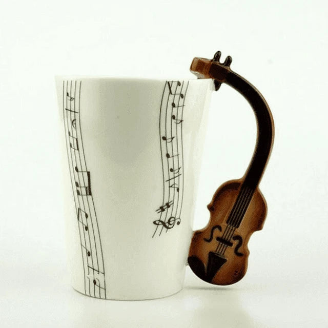 Premium eco-friendly ceramic mug with unique musical instrument-themed designs, a charming and sustainable addition to any kitchen.