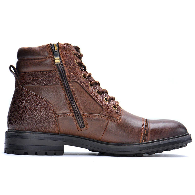 Premium cowhide leather boots for men, featuring a versatile round-toe design and medium-height shaft for classic British style and exceptional comfort.