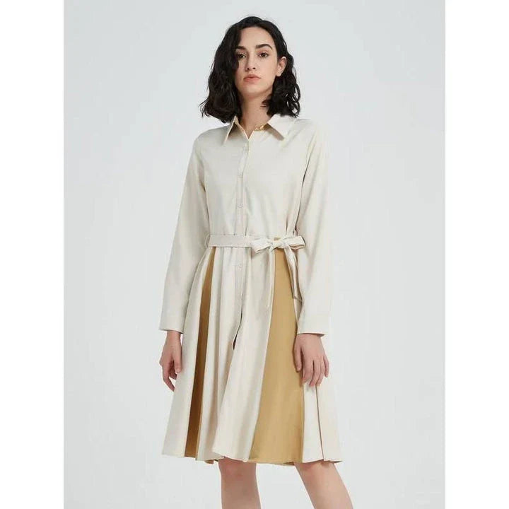 Elegant beige A-line dress with long sleeves, turn-down collar, and included belt for a flattering fit