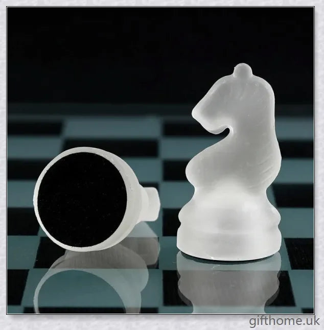Acrylic Elegant Glass Chess Set with transparent board and frosted/clear glass pieces in small, medium and large sizes