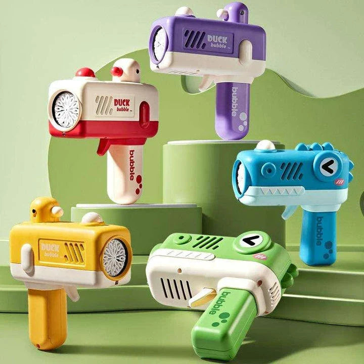 A colourful and vibrant cartoon-themed bubble blaster machine, perfect for entertaining children at outdoor events and parties.
