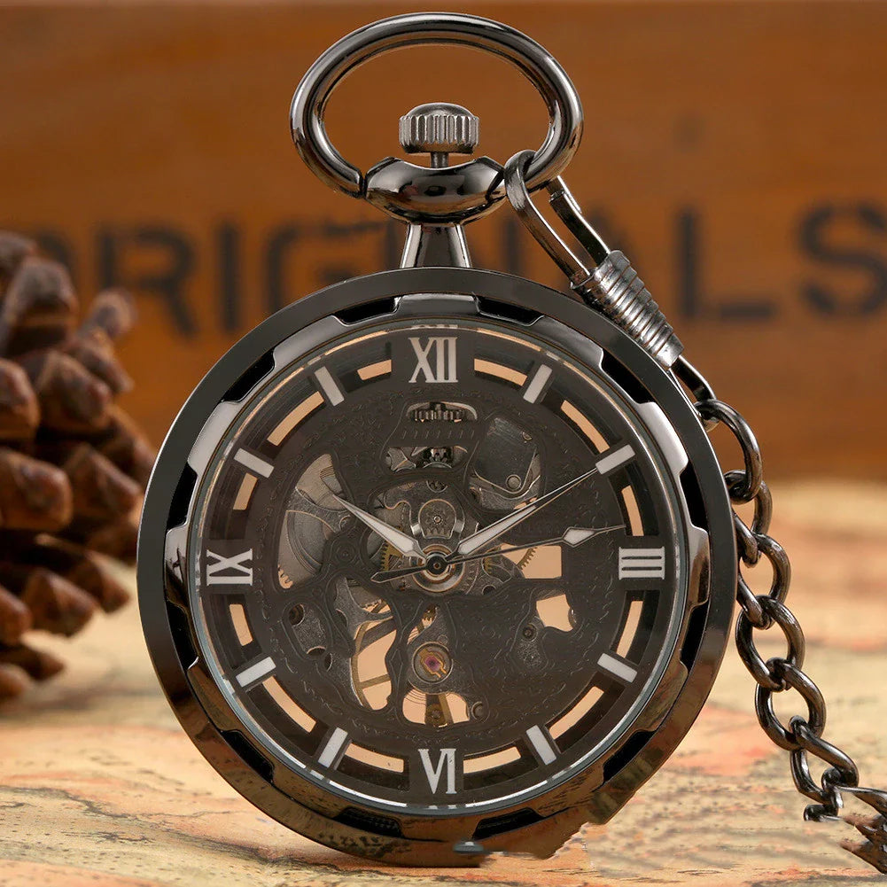 A vintage-inspired mechanical pocket watch with a skeleton display, showcasing the intricate inner workings of the timepiece.