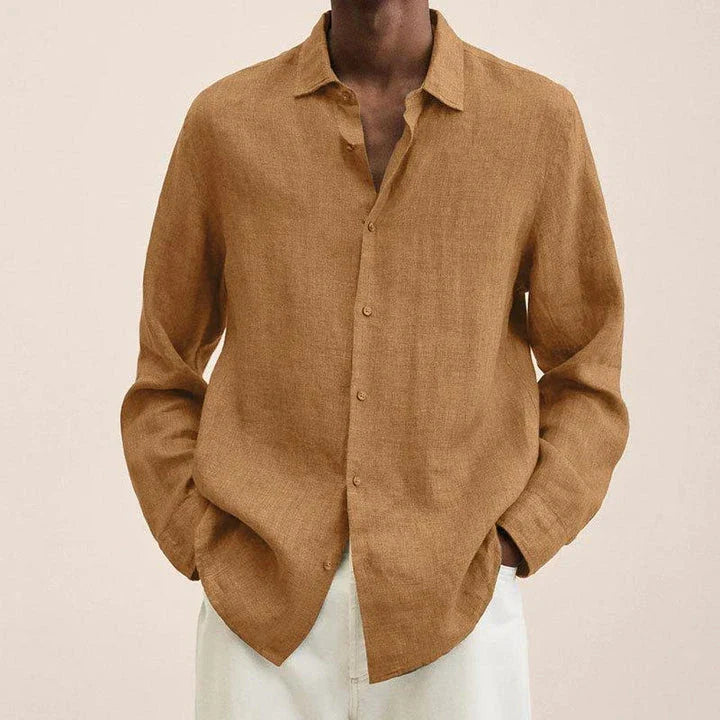 Stylish men's oversized button-up cardigan shirt in a classic solid colour, featuring a relaxed fit and sophisticated lapel collar design.