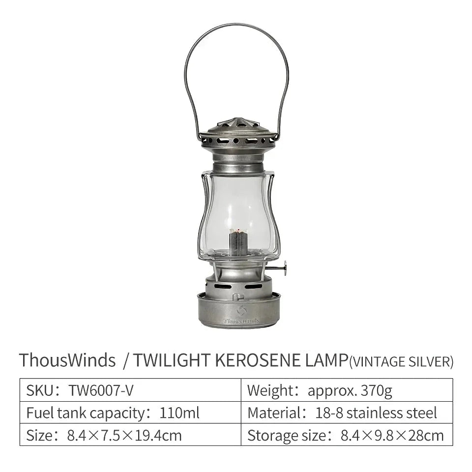 Classic vintage-inspired kerosene camping lamp with stainless steel construction and automatic ignition for reliable outdoor lighting